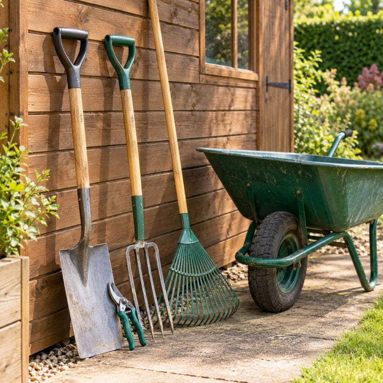 A garden spade, a fork, a rake and secateurs leaning against a wooden shed with a wheelbarrow beside it