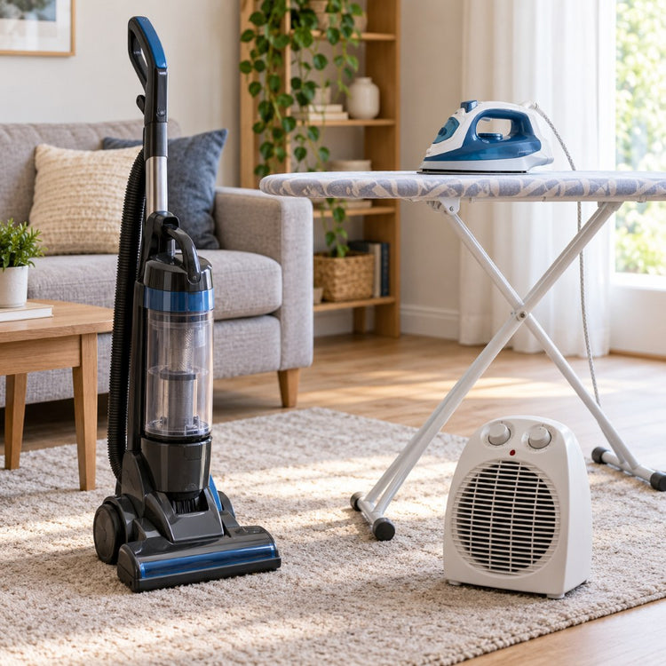 A plain unbranded upright vacuum cleaner, a steam iron on an ironing board and a small fan heater in a tidy living room
