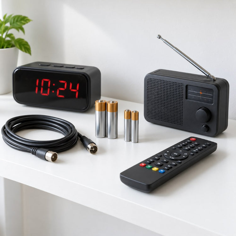 A digital alarm clock, AA and AAA batteries, a TV aerial cable, a remote control and a small radio on a white shelf