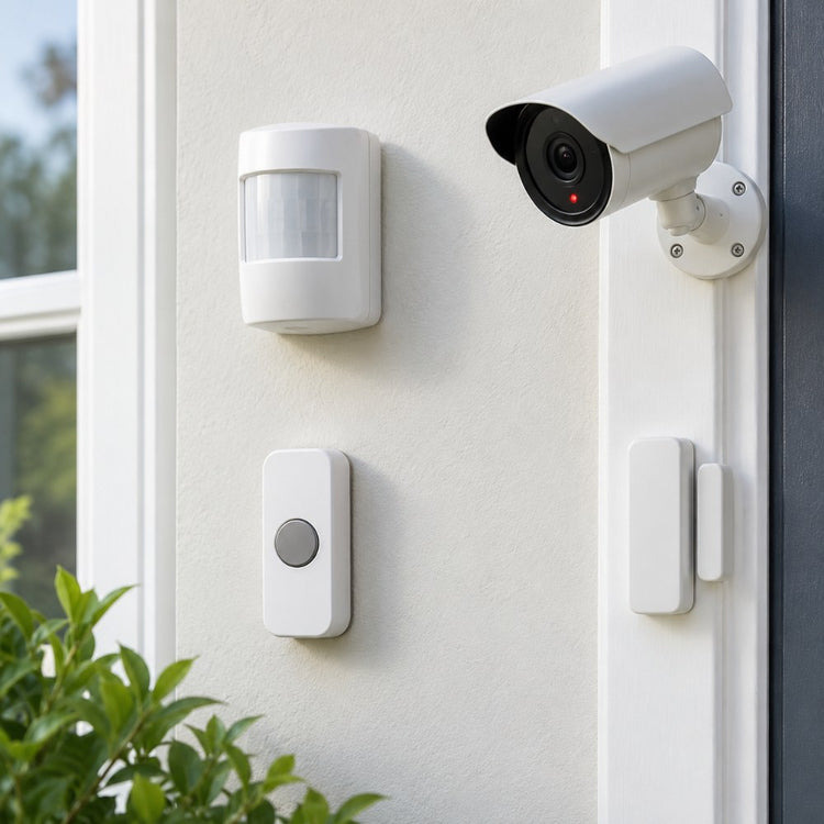 A wireless doorbell push, a small white motion sensor, a dummy camera and a door alarm contact mounted on a pale wall