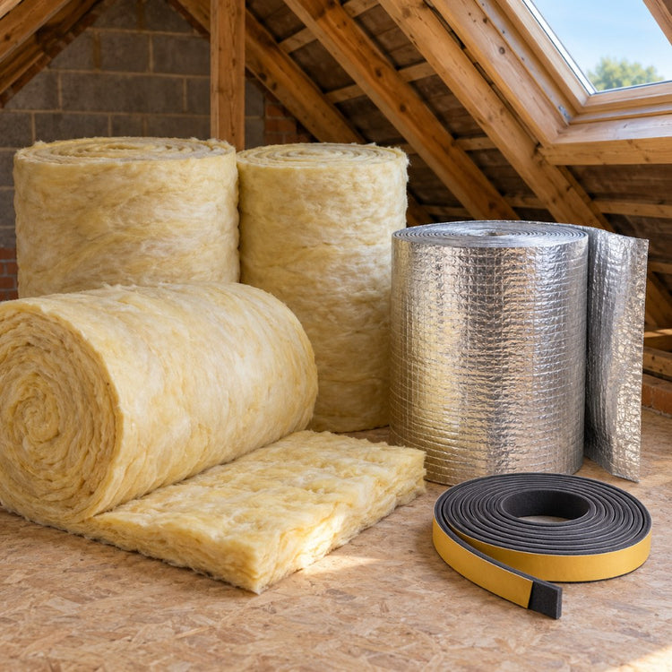 Rolls of loft insulation, a roll of foil insulation and self-adhesive draught excluder strip in a loft space