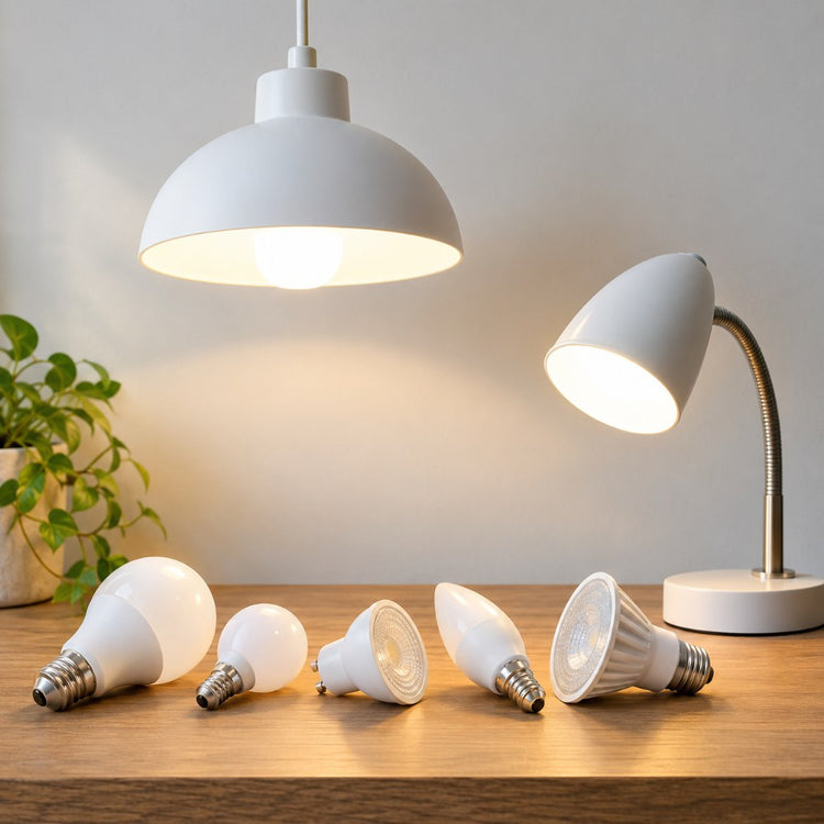 LED light bulbs of several shapes, a white ceiling pendant and a small desk lamp switched on against a pale wall
