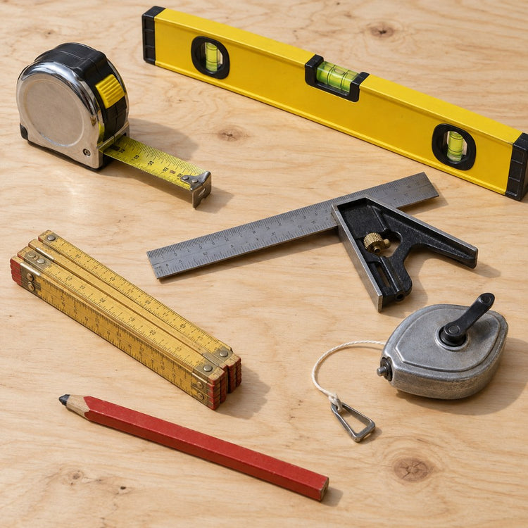 A steel tape measure, a spirit level, a combination square, a folding rule, a chalk line and a carpenter's pencil on a sheet of plywood