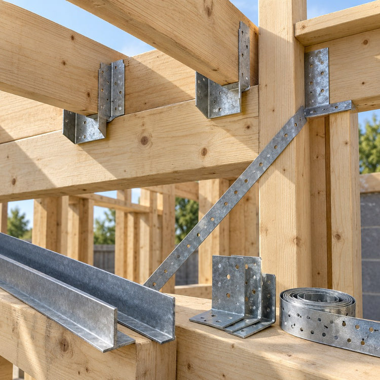 Galvanised joist hangers, angle brackets, restraint straps and lengths of steel angle on a timber frame