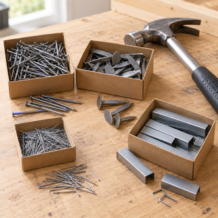 Round wire nails, oval nails, panel pins and strips of staples in small open boxes beside a hammer on a wooden bench