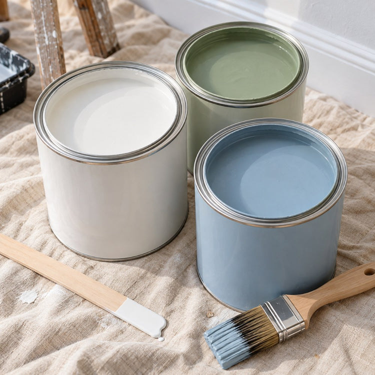 Open tins of emulsion paint in white, sage green and soft blue with a wooden stirring stick and a paintbrush on a dust sheet