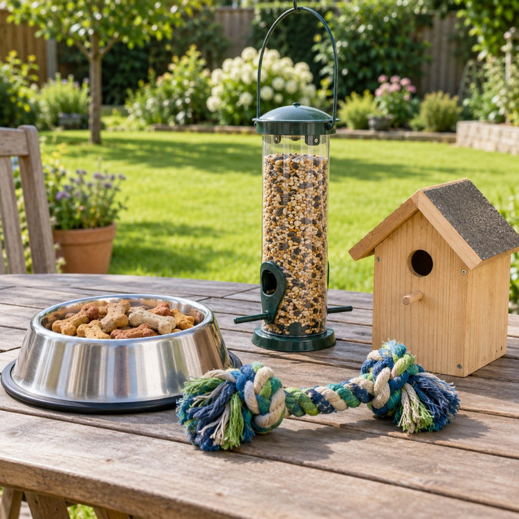 A pet bowl with dog biscuits, a rope dog toy, a wild bird seed feeder and a wooden nest box on a garden table