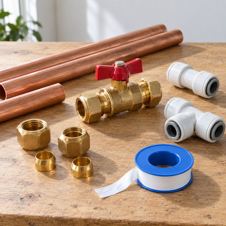 Copper pipe, compression fittings, a brass isolating valve, PTFE tape and plastic push-fit connectors on a workbench