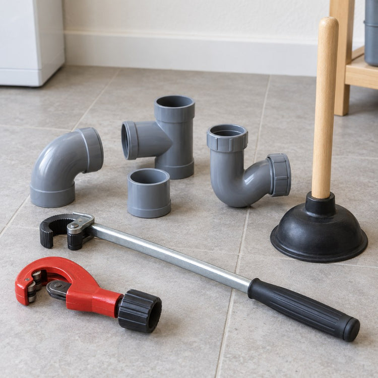 A pipe cutter, a basin wrench, a sink plunger and grey plastic waste pipe fittings laid out on a utility room floor