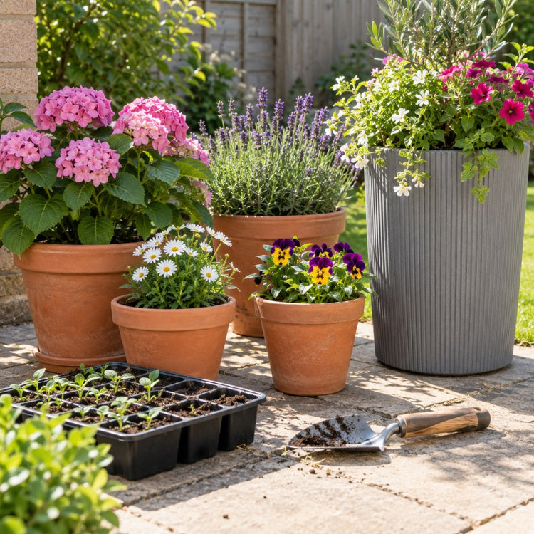 Terracotta pots and a tall grey planter with flowering plants, a seed tray and a small trowel on a patio