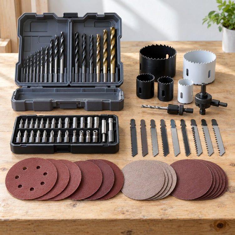 Drill bits in an open case, screwdriver bits, hole saws, jigsaw blades and sanding discs arranged in rows on a workbench