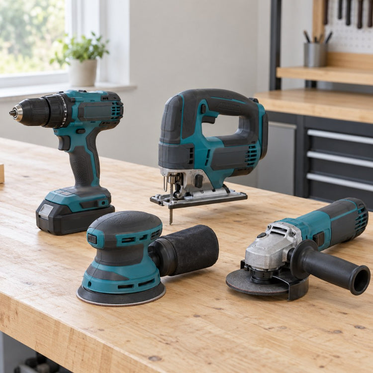 A cordless drill, a jigsaw, an orbital sander and an angle grinder standing on a clean workshop bench, plain unbranded tools in dark grey and teal