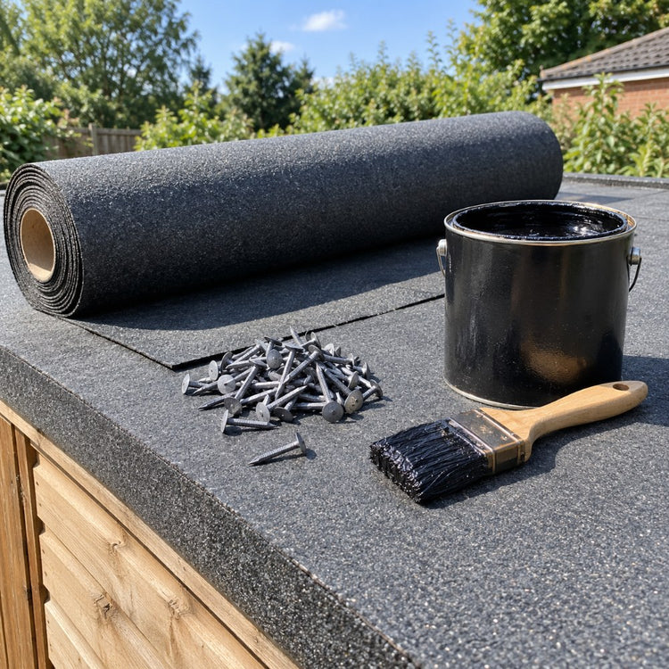 A roll of roofing felt, clout nails, a tin of bitumen sealant and a brush on a flat shed roof