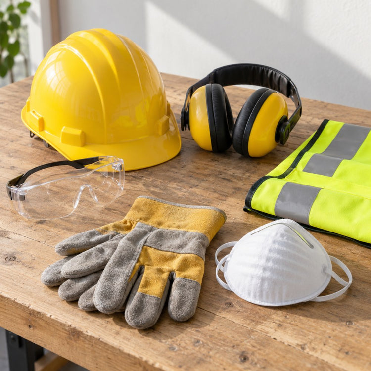 A yellow hard hat, clear safety glasses, work gloves, ear defenders, a dust mask and a hi-vis vest laid out on a workbench