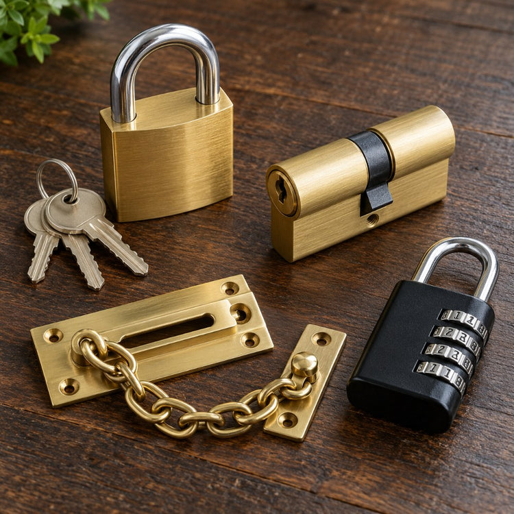 A brass padlock with keys, a cylinder lock, a door chain and a combination padlock arranged on a dark wooden surface