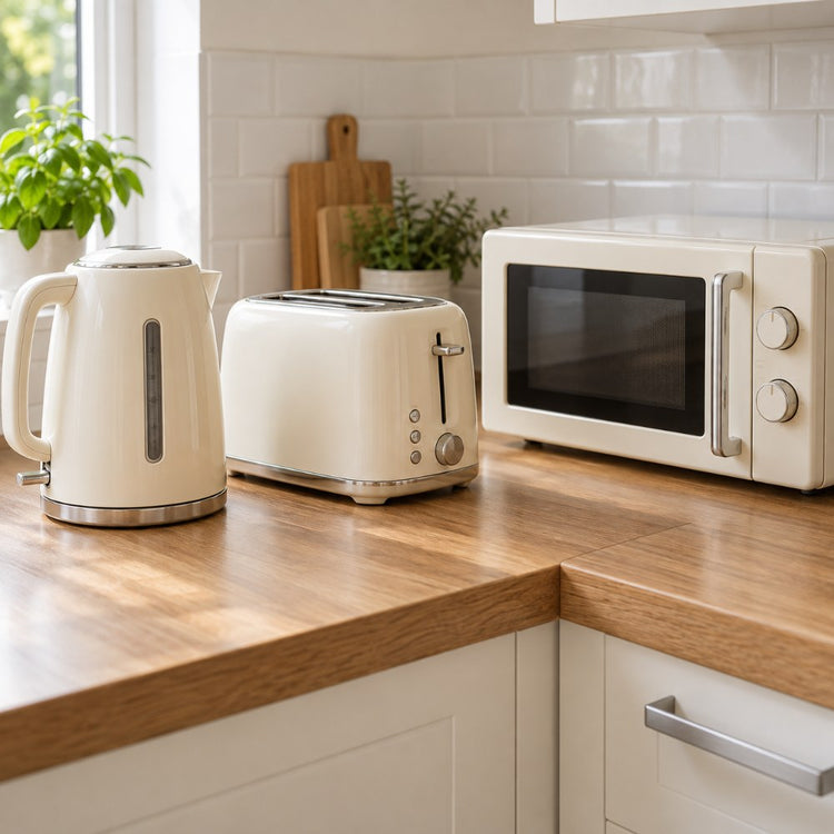 A plain unbranded kettle, a two-slice toaster and a microwave in matching cream on a kitchen worktop
