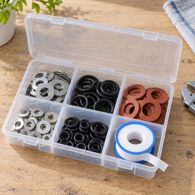 Tap washers, O-rings, fibre washers and a roll of PTFE tape sorted in a small compartment box on a workbench