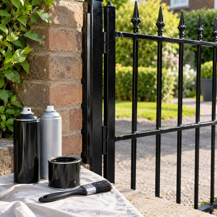 Plain unlabelled aerosol spray paint cans and a small tin of black metal paint beside a freshly painted black metal garden gate
