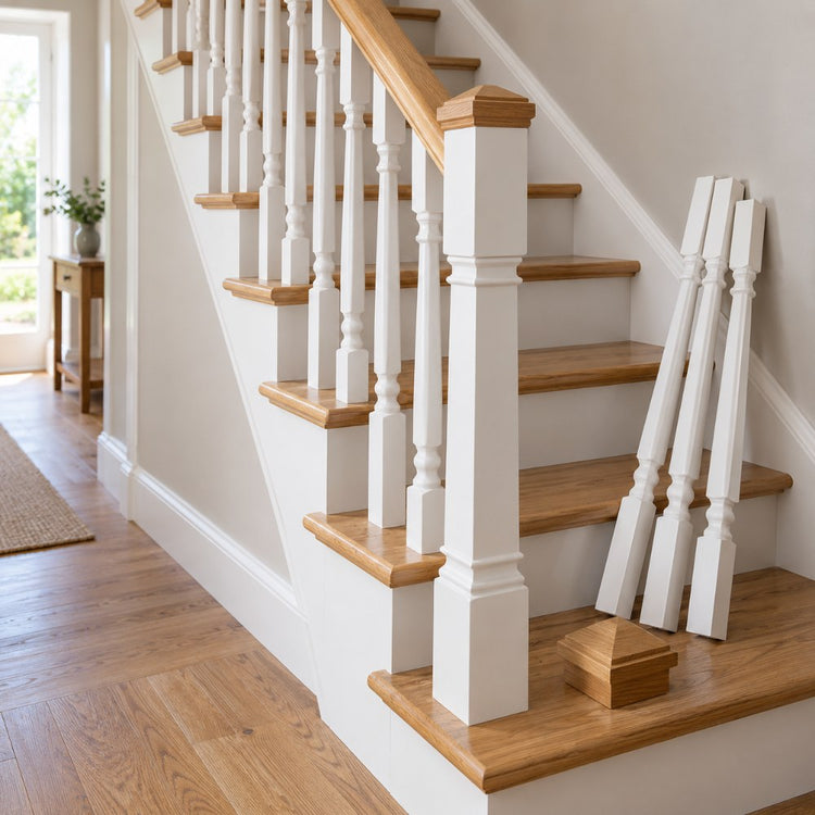 A wooden staircase with white spindles and an oak handrail, with spare spindles and a newel cap on the bottom step
