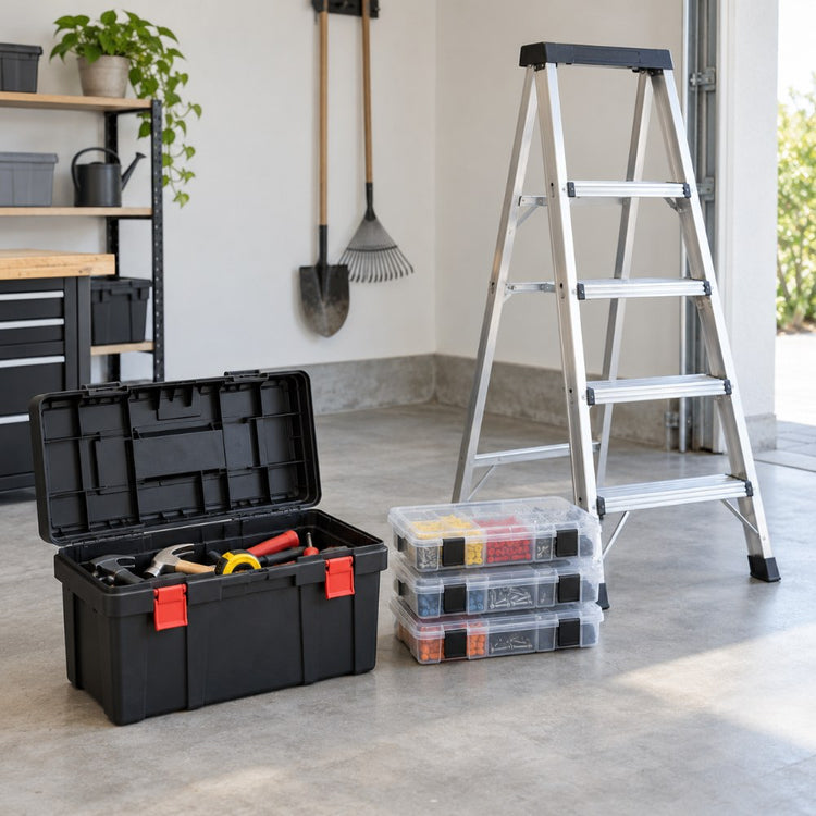 A plastic tool box with an open lid, a stack of organiser cases and an aluminium step ladder standing in a tidy garage