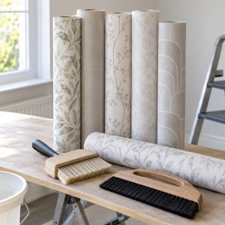 Rolls of patterned wallpaper in soft neutral colours standing on a pasting table with a paste brush and a smoothing brush