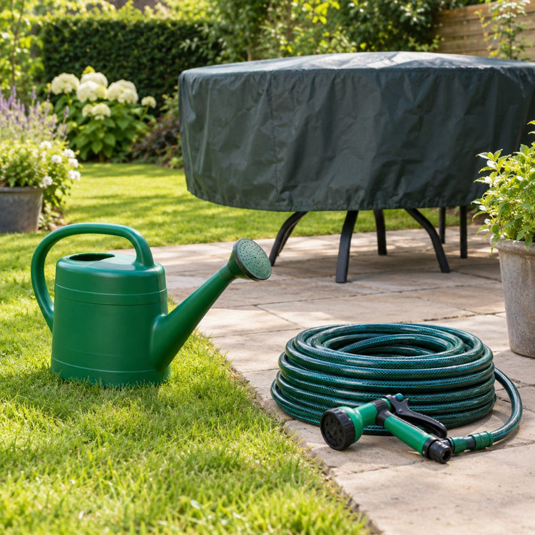 A green watering can, a coiled garden hose with a spray gun and a covered garden table on a lawn edge