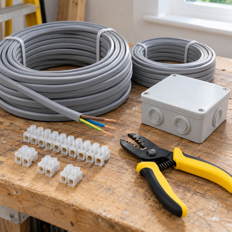 Coils of grey twin and earth cable, terminal blocks, a junction box and a wire stripper on a workbench