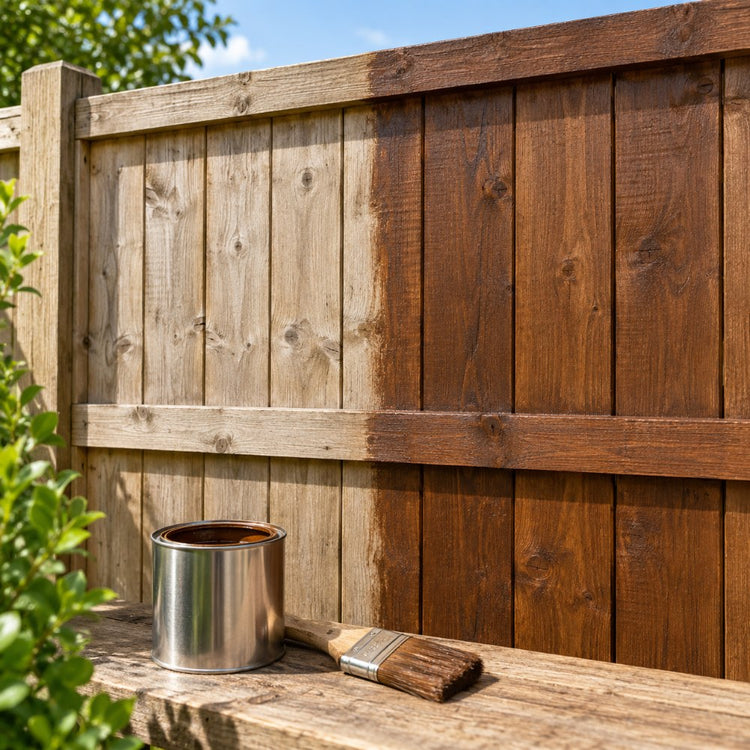 A tin of wood stain and a brush on a half-treated timber garden fence panel, the treated part a rich brown, in daylight