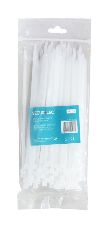 Securlec White Cable Ties 4.5mm x 200mm Pack 100