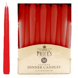 Prices Candles Tapered Dinner Candle Unwrapped 50 Pack Red