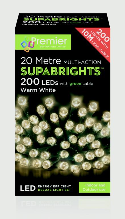 Premier 200 LED Multi Action Supabrights With Timer Warm White/Clear Cable