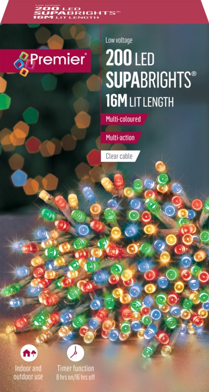 Premier 200 LED Multi Action Supabrights With Timer Multi Coloured /Clear Cable