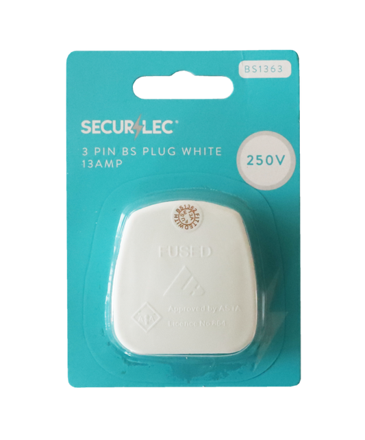 Securlec 13A, 3 Pin Plug Fused 13A to BS1363, White Bubble-Packed
