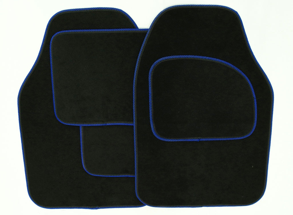 Streetwize Velour Carpet Mat Sets with Coloured Binding - 4 Piece Black With Blue Piping