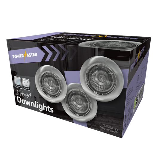 Powermaster 3 Pack Fixed GU10 Downlights Brushed Chrome