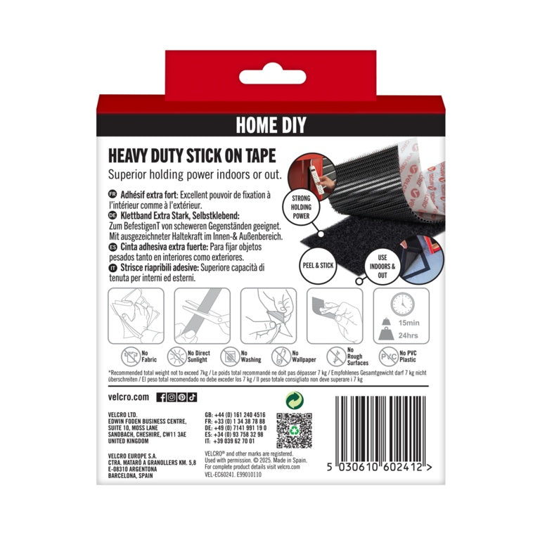 VELCRO® Heavy Duty Stick On Tape 50mm x 1m Black