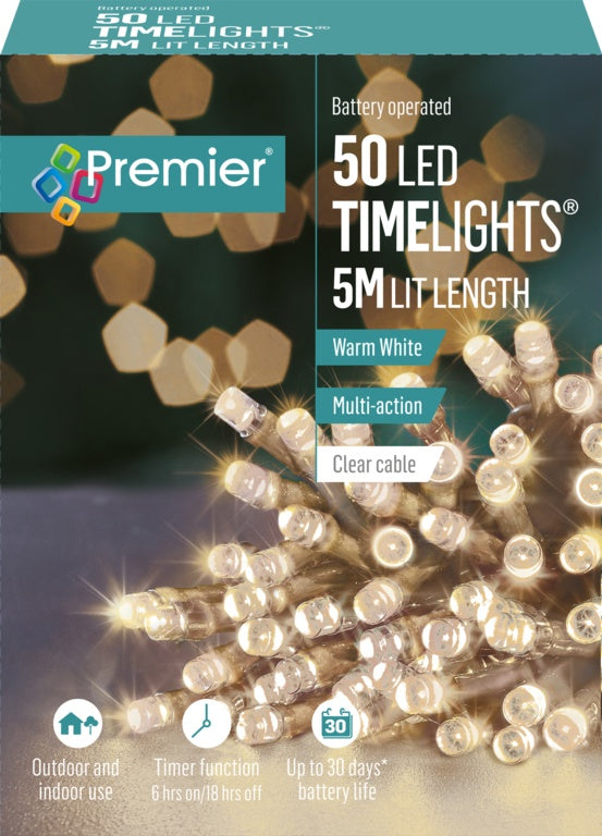 Premier 50 LED Multi Action Battery Operated TIMELIGHTS™ Warm White/Green Cable