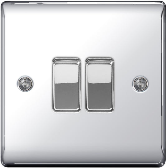 BG Metal Chrome 10ax Plate Switch 2 Way 2 Gang