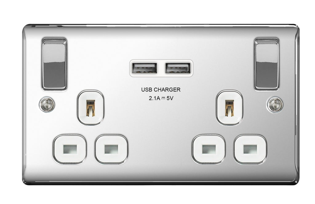 BG 13a 2 Gang Switch Socket & USB Polished Chrome With White Inserts