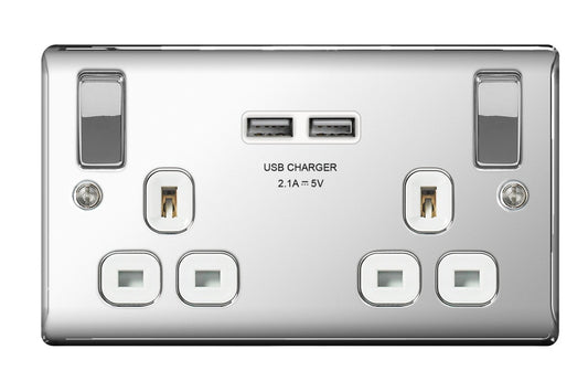 BG 13a 2 Gang Switch Socket & USB Polished Chrome With White Inserts