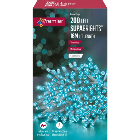 Premier 200 LED Multi Action Supabrights With Timer Turquoise Clear Cable
