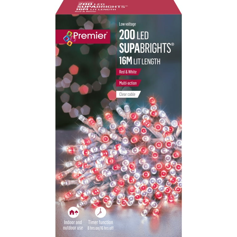 Premier 200 LED Multi Action Supabrights With Timer Red & White/Clear Cable
