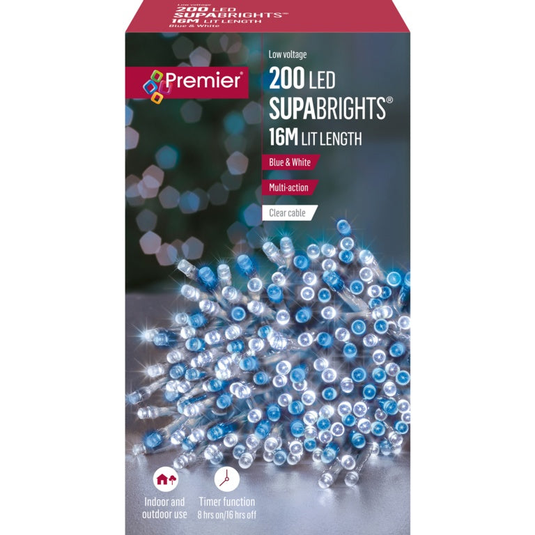 Premier 200 LED Multi Action Supabrights With Timer Blue & White/Clear Cable