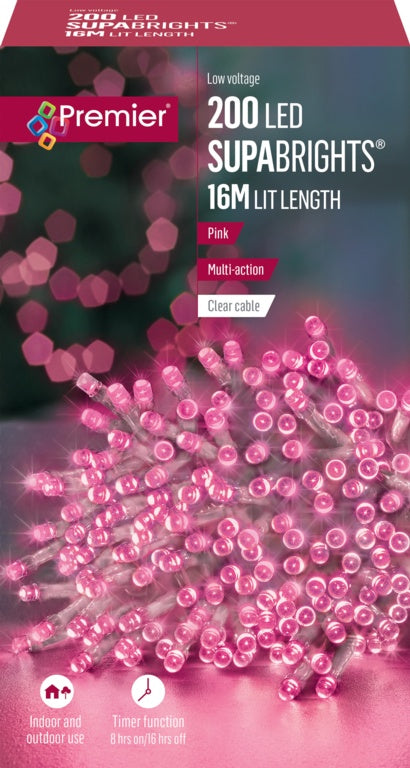 Premier 200 LED Multi Action Supabrights With Timer Pink/ Clear Cable