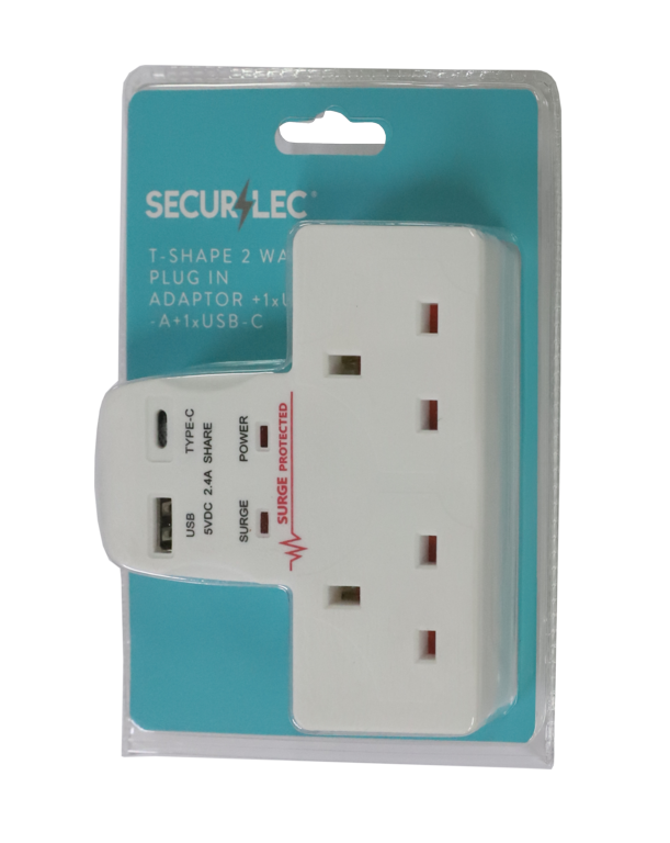 Securlec T-Shape 2 Way Plug-In Adaptor 1 x USB-A, 1 x USB-C