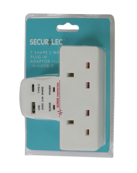 Securlec T-Shape 2 Way Plug-In Adaptor 1 x USB-A, 1 x USB-C