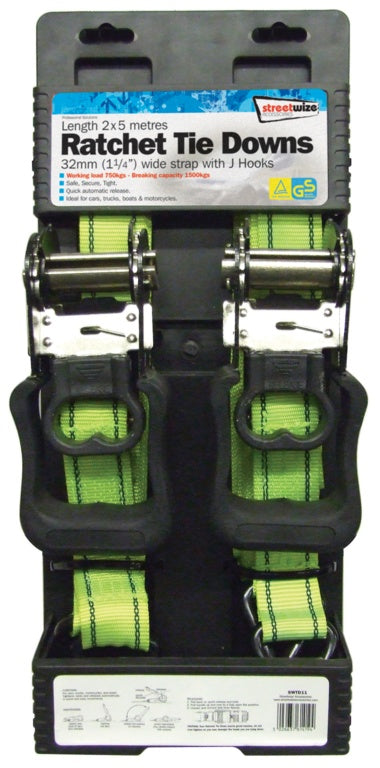 Streetwize Ratchet Tie Downs 2 x 32mm x 5m