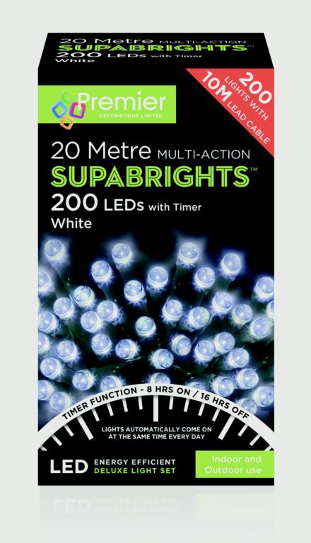 Premier 200 LED Multi Action Supabrights With Timer White/Green Cable
