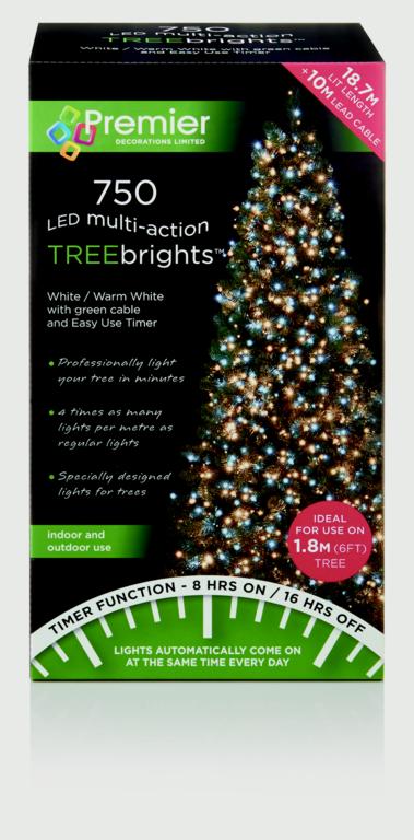 Premier 750 LED Multi Action Treebrights With Timer White Warm White//Green Cable
