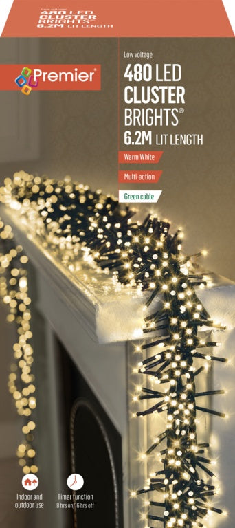 Premier 480 LED Multi Action Cluster Brights With Timer Warm White/Green Cable
